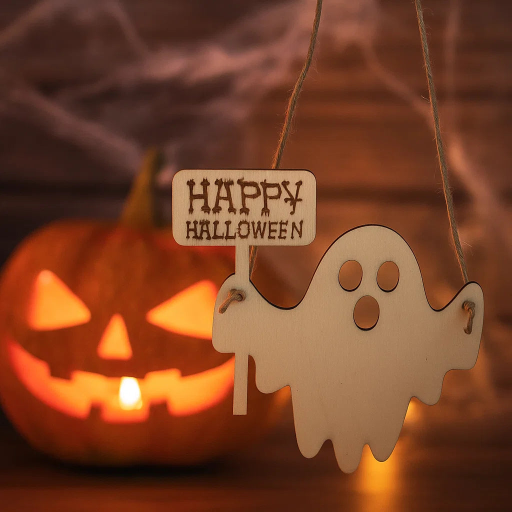 Wooden Halloween Ghost Door Hanger – Happy Halloween Sign, Cute Hanging Ghost Decoration for Front Door, Porch or Wall Decor