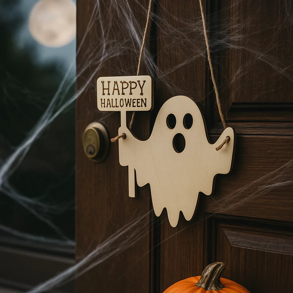 Wooden Halloween Ghost Door Hanger – Happy Halloween Sign, Cute Hanging Ghost Decoration for Front Door, Porch or Wall Decor