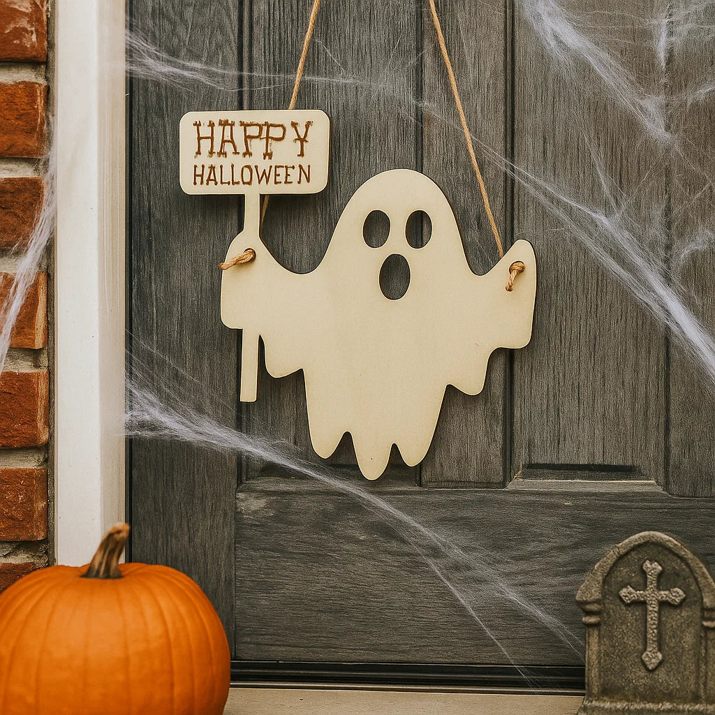 Wooden Halloween Ghost Door Hanger – Happy Halloween Sign, Cute Hanging Ghost Decoration for Front Door, Porch or Wall Decor