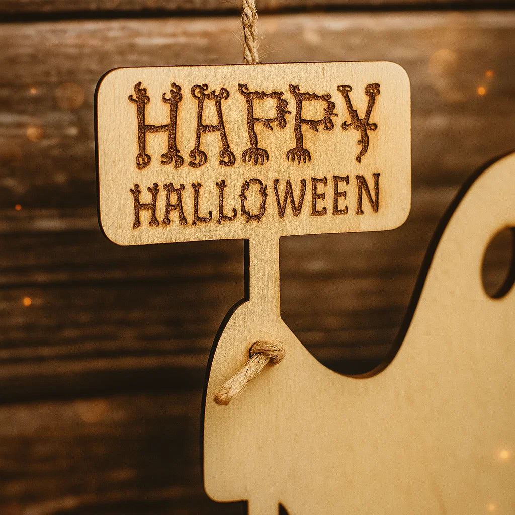 Wooden Halloween Ghost Door Hanger – Happy Halloween Sign, Cute Hanging Ghost Decoration for Front Door, Porch or Wall Decor
