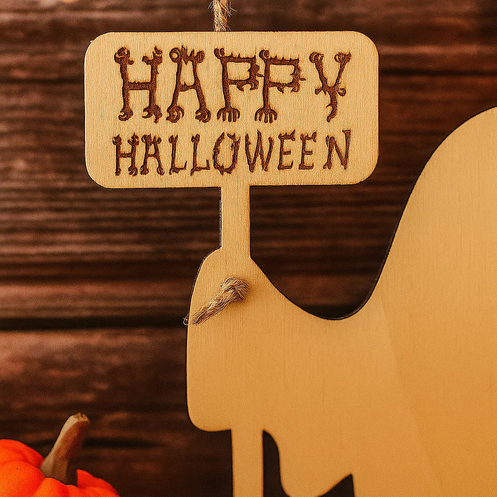 Wooden Halloween Ghost Door Hanger – Happy Halloween Sign, Cute Hanging Ghost Decoration for Front Door, Porch or Wall Decor