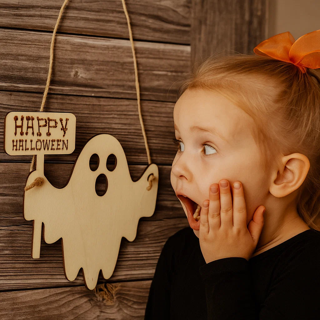 Wooden Halloween Ghost Door Hanger – Happy Halloween Sign, Cute Hanging Ghost Decoration for Front Door, Porch or Wall Decor