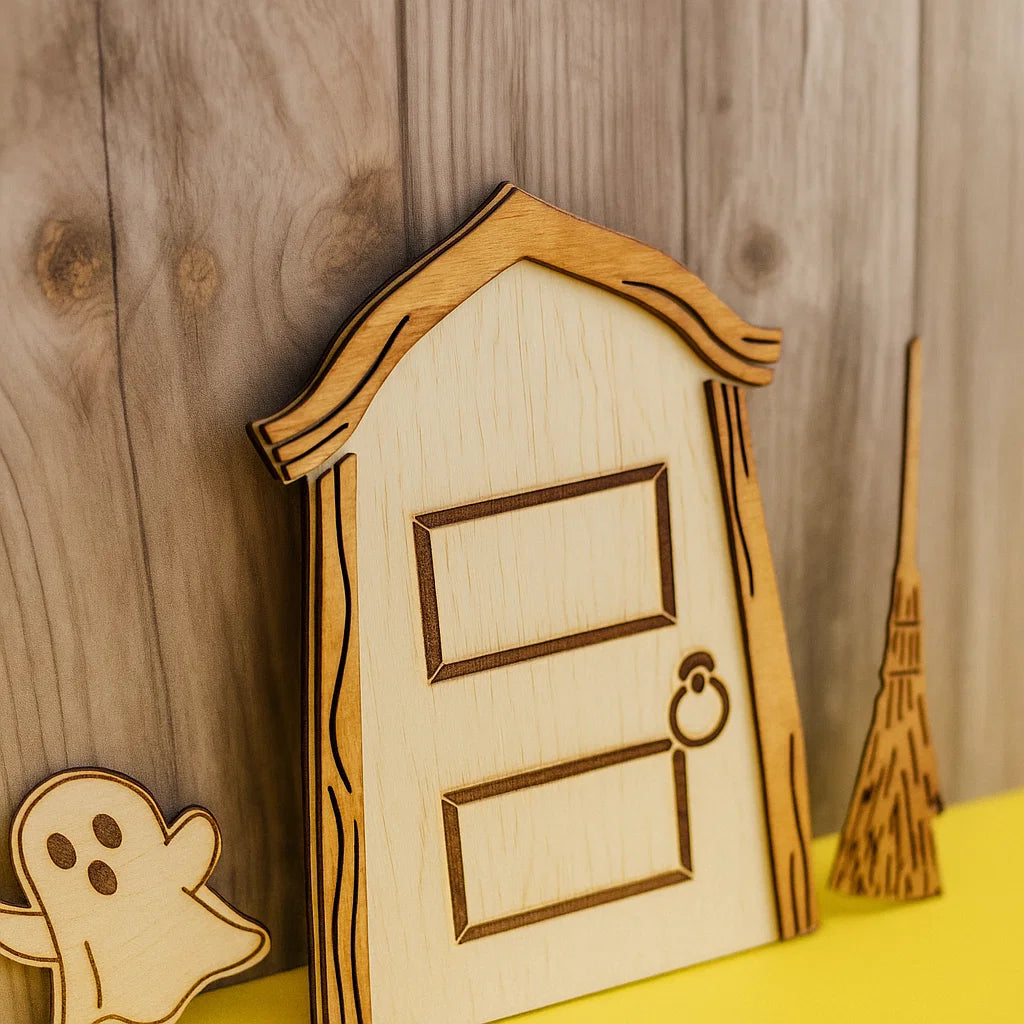 Handmade Wooden Halloween Fairy Door – Ghost & Broom Decor, Spooky Miniature Door for Kids, Cute Fall Decoration, Trick or Treat Gift