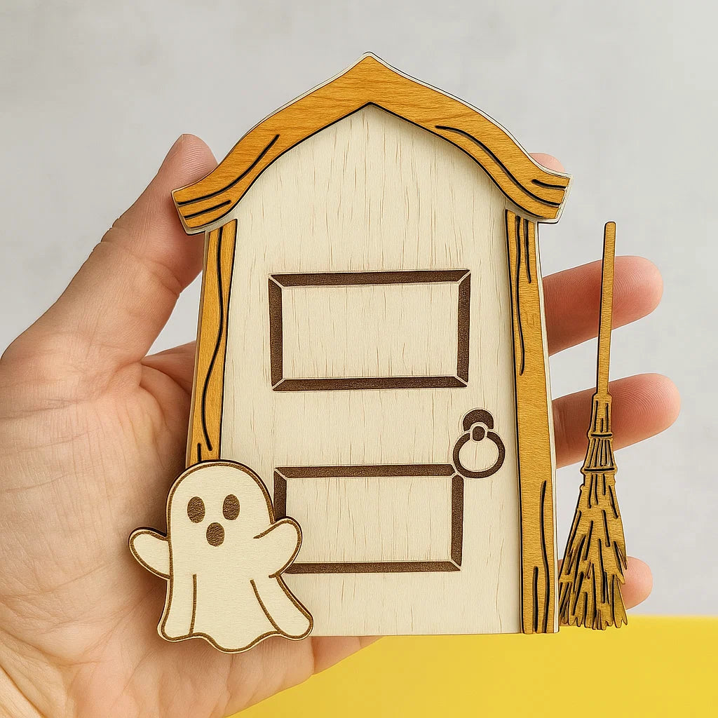 Handmade Wooden Halloween Fairy Door – Ghost & Broom Decor, Spooky Miniature Door for Kids, Cute Fall Decoration, Trick or Treat Gift