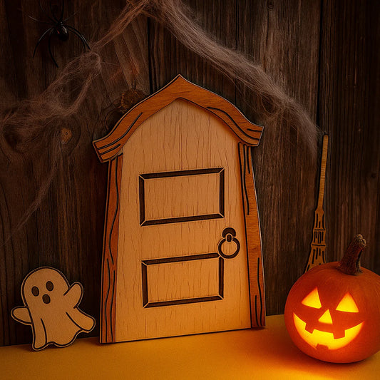 Handmade Wooden Halloween Fairy Door – Ghost & Broom Decor, Spooky Miniature Door for Kids, Cute Fall Decoration, Trick or Treat Gift