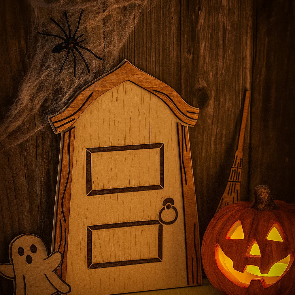 Handmade Wooden Halloween Fairy Door – Ghost & Broom Decor, Spooky Miniature Door for Kids, Cute Fall Decoration, Trick or Treat Gift