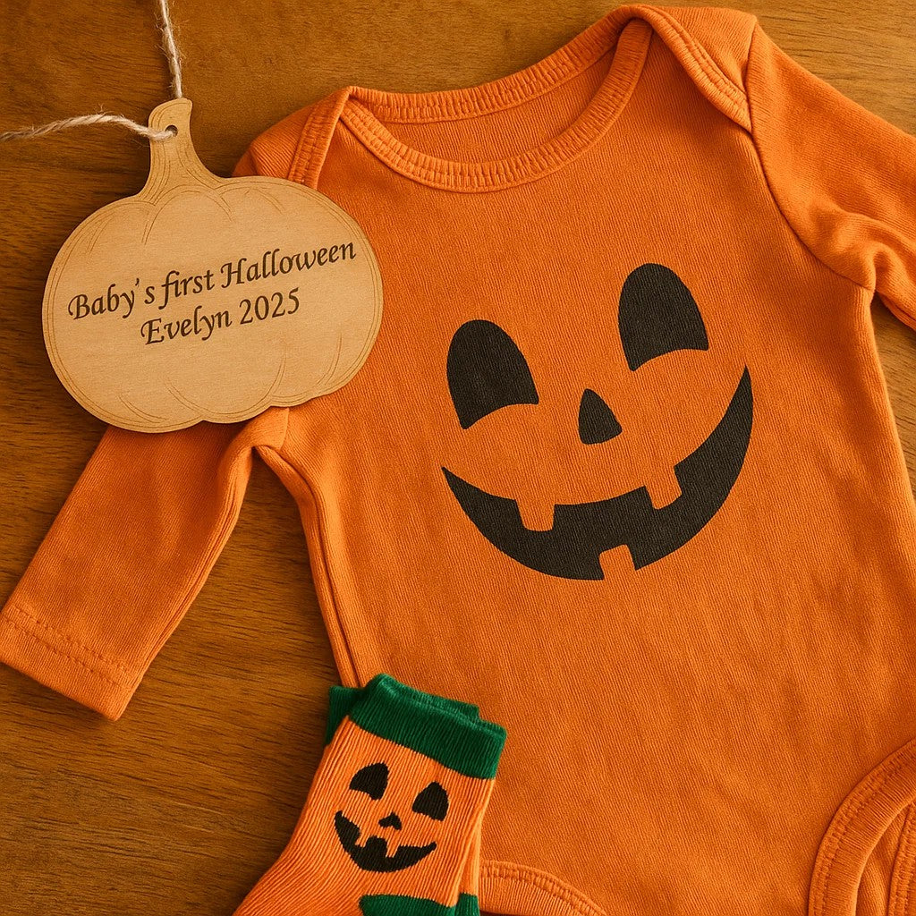 Personalised Baby’s First Halloween Ornament – Wooden Pumpkin Keepsake