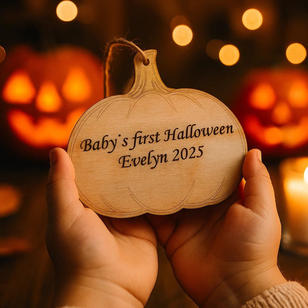 Personalised Baby’s First Halloween Ornament – Wooden Pumpkin Keepsake