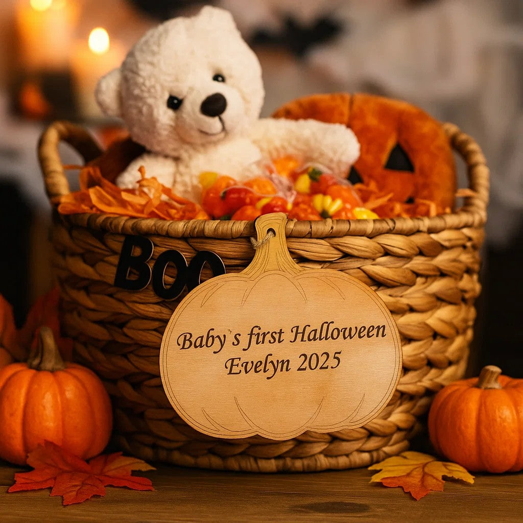 Personalised Baby’s First Halloween Ornament – Wooden Pumpkin Keepsake