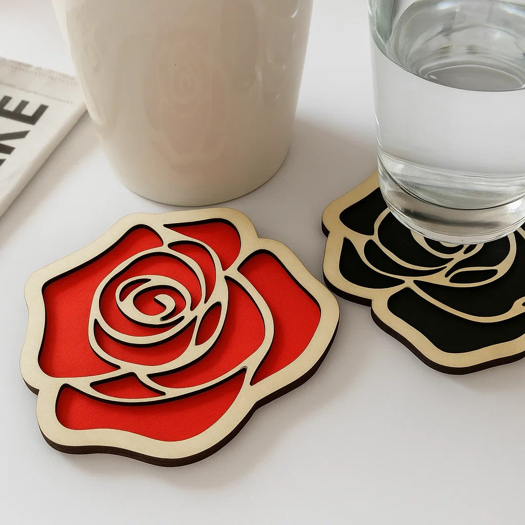 Black Rose Wooden Coasters – Gothic Halloween Decor, Spooky Flower Drink Coaster, Dark Romantic Gift