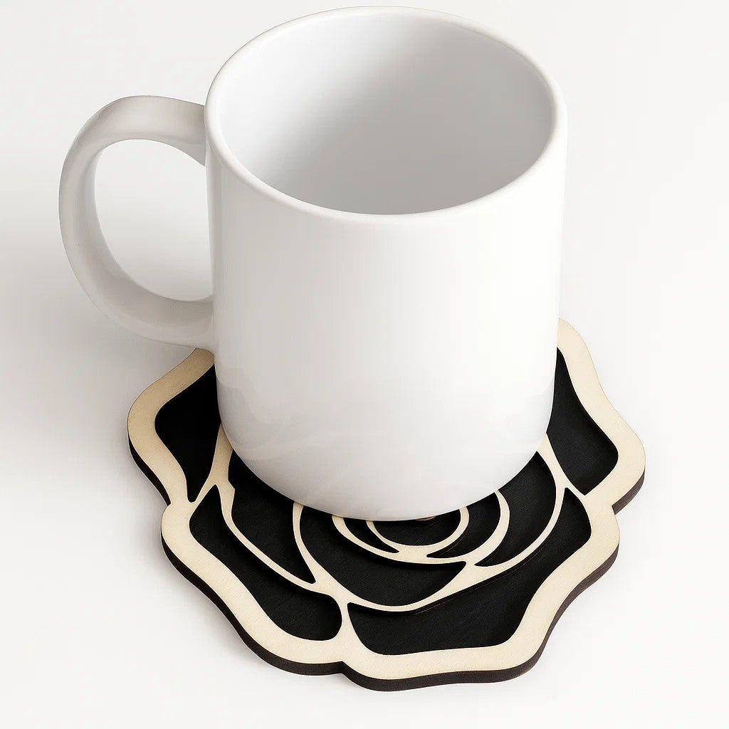 Black Rose Wooden Coasters – Gothic Halloween Decor, Spooky Flower Drink Coaster, Dark Romantic Gift