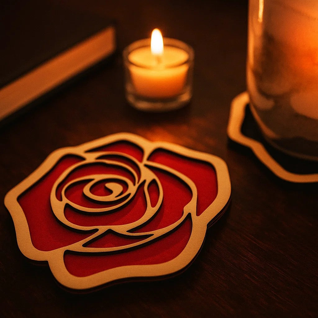 Black Rose Wooden Coasters – Gothic Halloween Decor, Spooky Flower Drink Coaster, Dark Romantic Gift