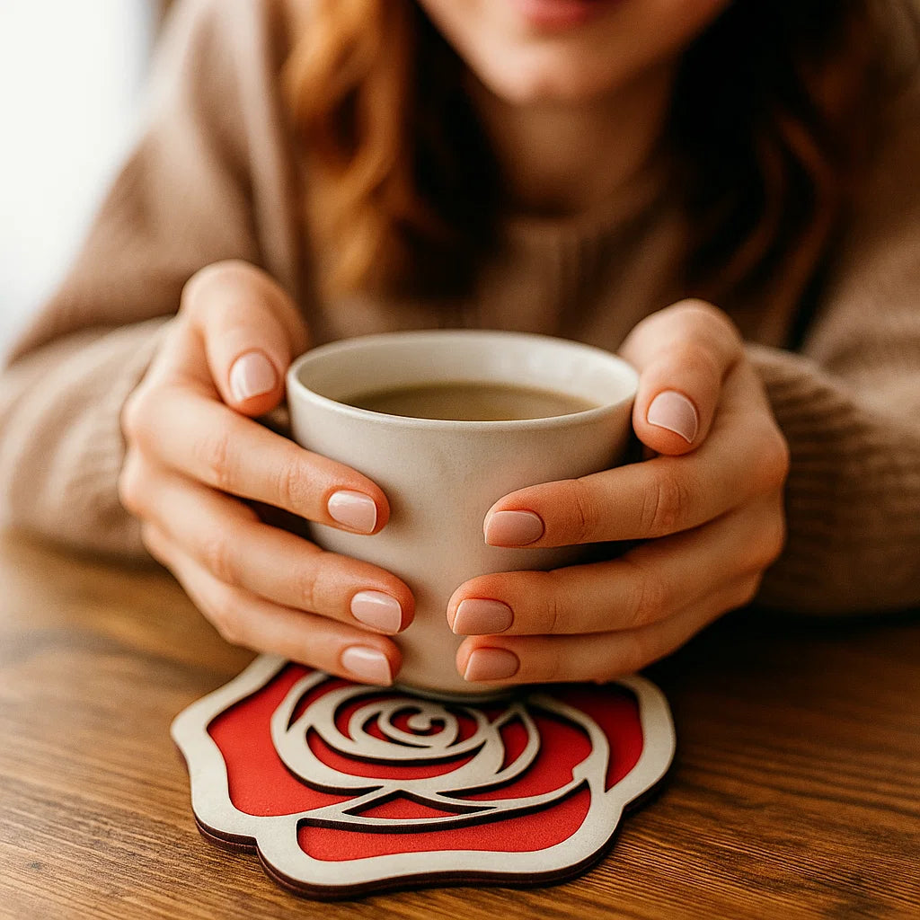 Black Rose Wooden Coasters – Gothic Halloween Decor, Spooky Flower Drink Coaster, Dark Romantic Gift