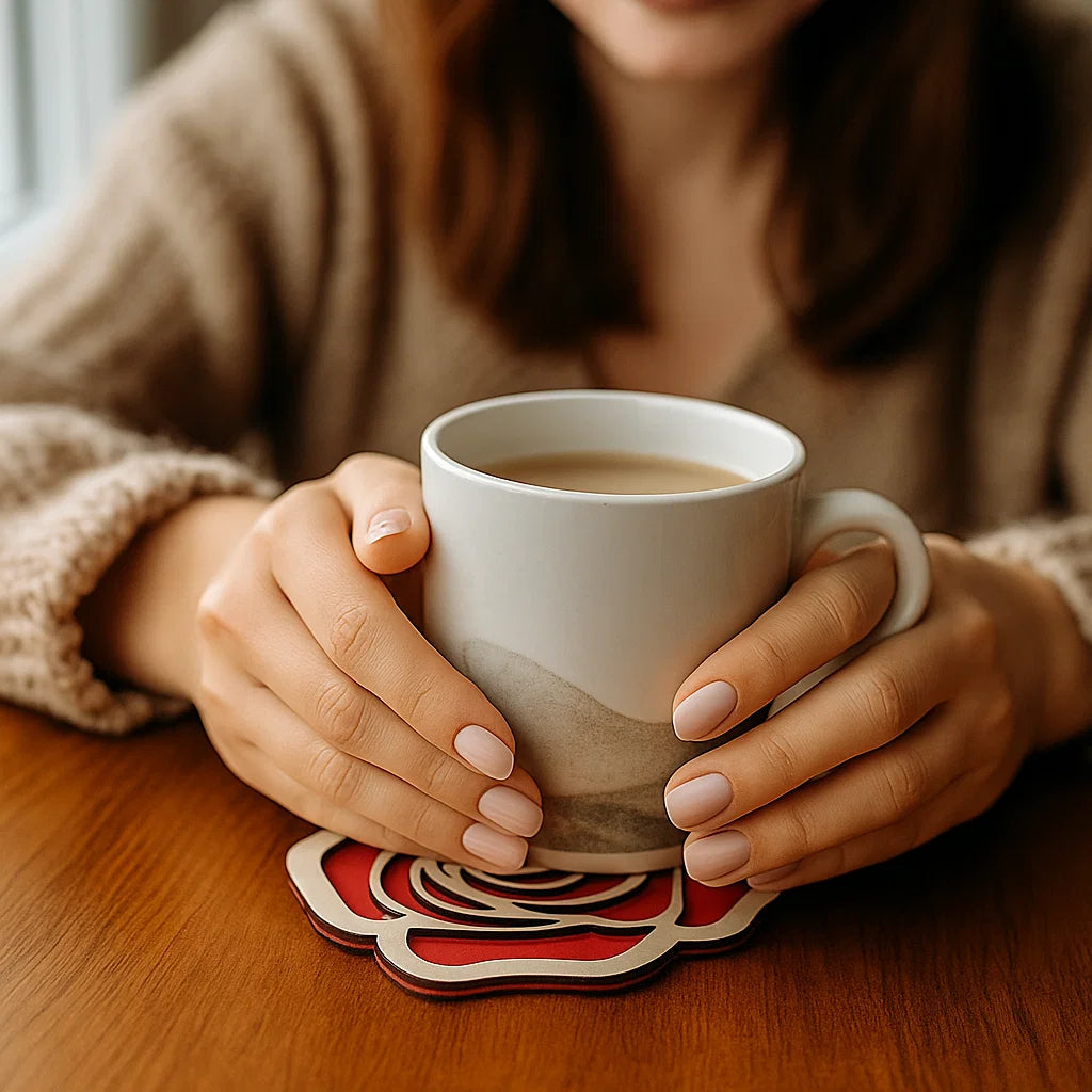 Black Rose Wooden Coasters – Gothic Halloween Decor, Spooky Flower Drink Coaster, Dark Romantic Gift