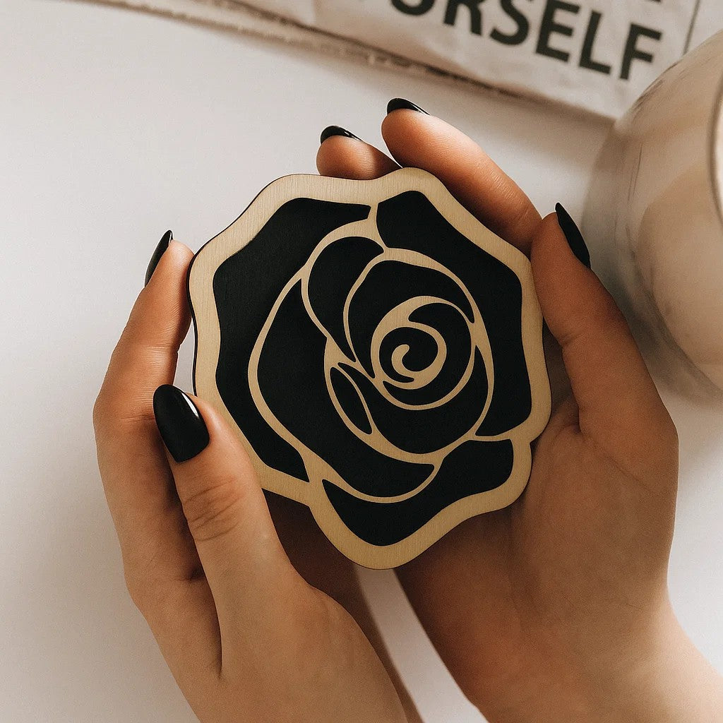 Black Rose Wooden Coasters – Gothic Halloween Decor, Spooky Flower Drink Coaster, Dark Romantic Gift