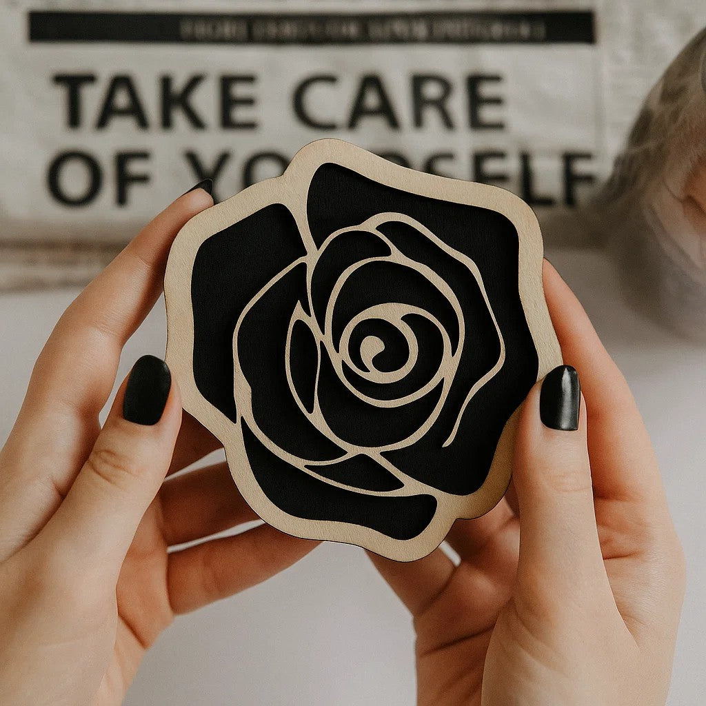 Black Rose Wooden Coasters – Gothic Halloween Decor, Spooky Flower Drink Coaster, Dark Romantic Gift