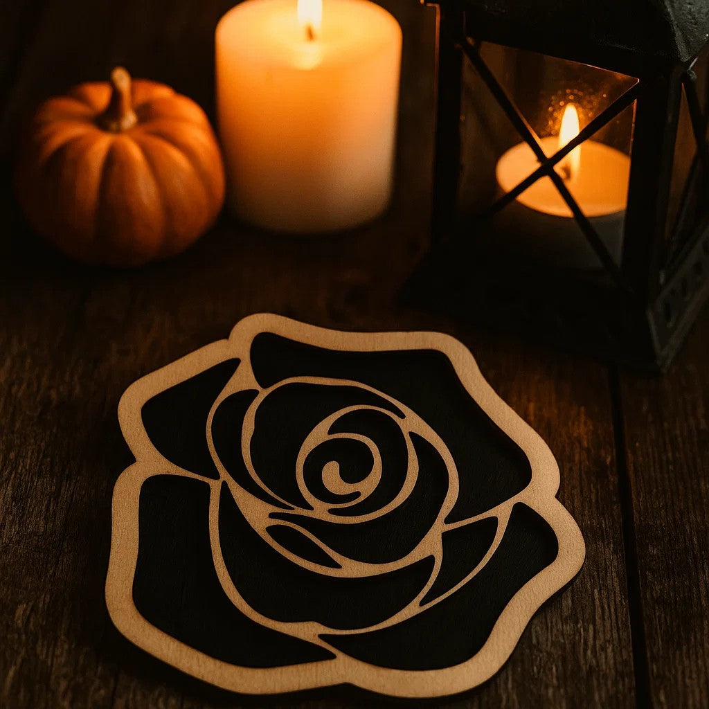 Black Rose Wooden Coasters – Gothic Halloween Decor, Spooky Flower Drink Coaster, Dark Romantic Gift