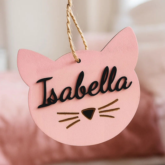 Personalized Wooden Cat Name Tag for Kids Room