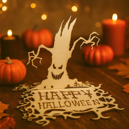 Wooden Halloween Ghost Tree candle holder with warm LED light, pumpkins and autumn decorations