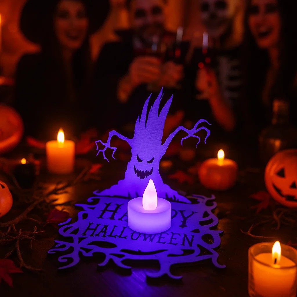 Halloween Wooden Candle Holder – Spooky Ghost Tree Centerpiece Decor