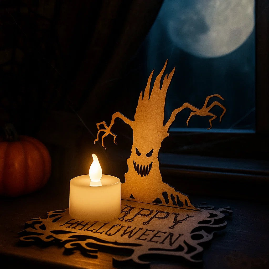 Halloween Wooden Candle Holder – Spooky Ghost Tree Centerpiece Decor