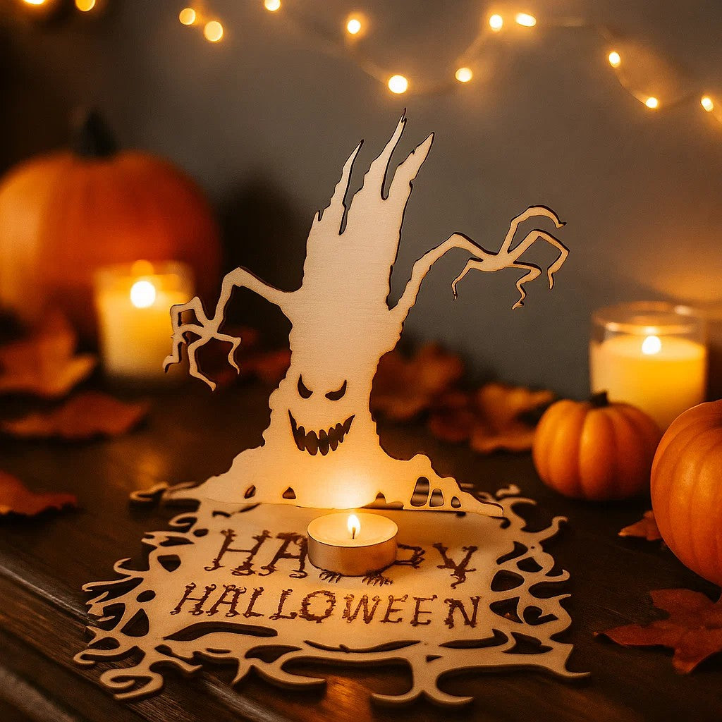 Halloween Wooden Candle Holder – Spooky Ghost Tree Centerpiece Decor
