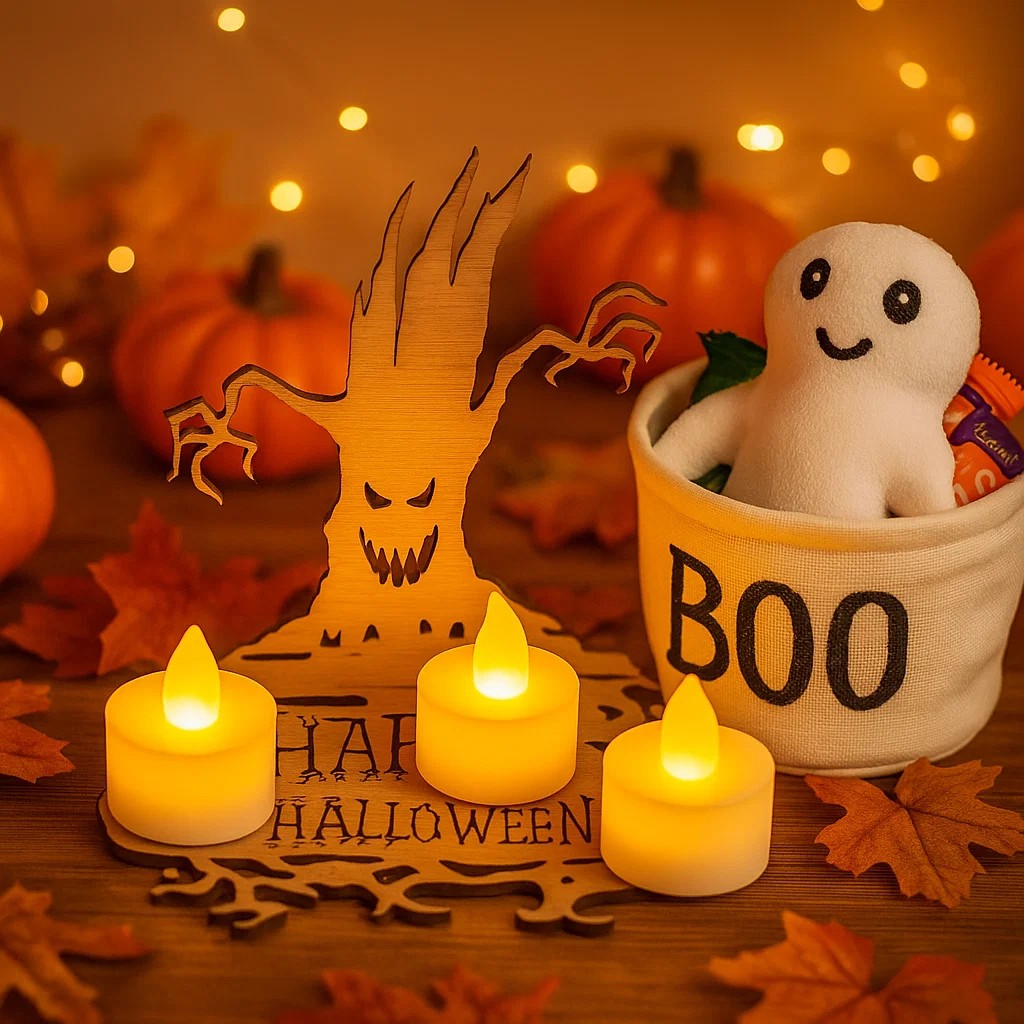 Halloween Wooden Candle Holder – Spooky Ghost Tree Centerpiece Decor