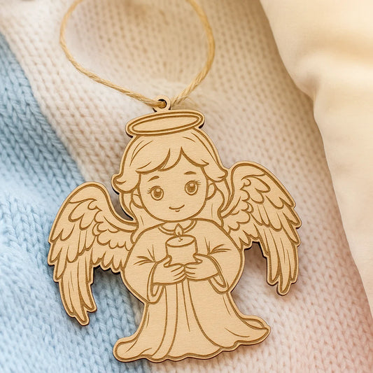 Wooden angel Christmas decoration resting on soft knitted fabric