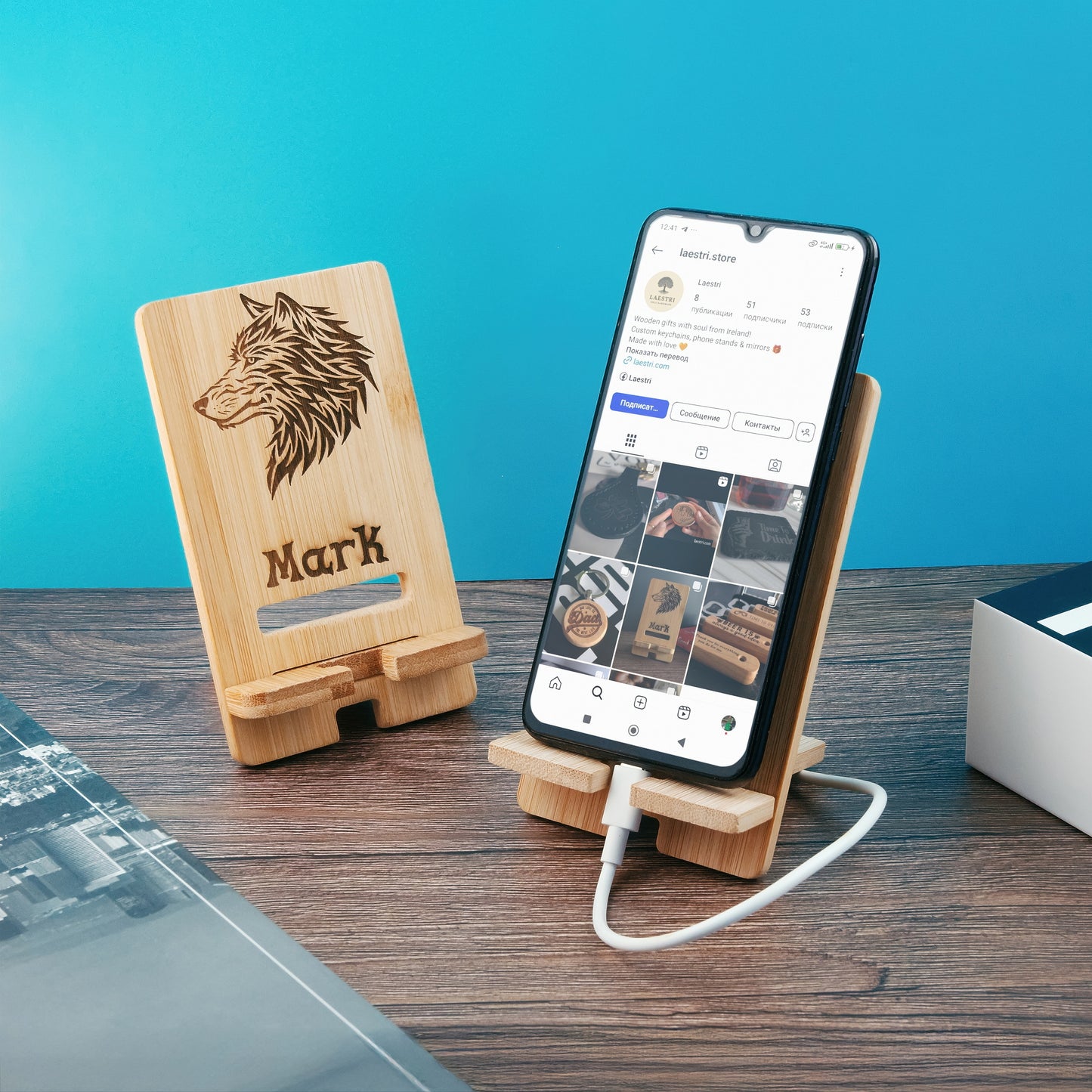 Personalized Phone Holder – Wooden Stand with Individual Engraving