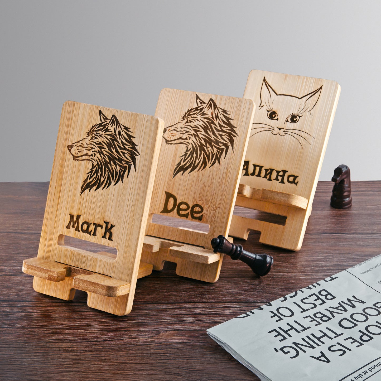 Personalized Phone Holder – Wooden Stand with Individual Engraving