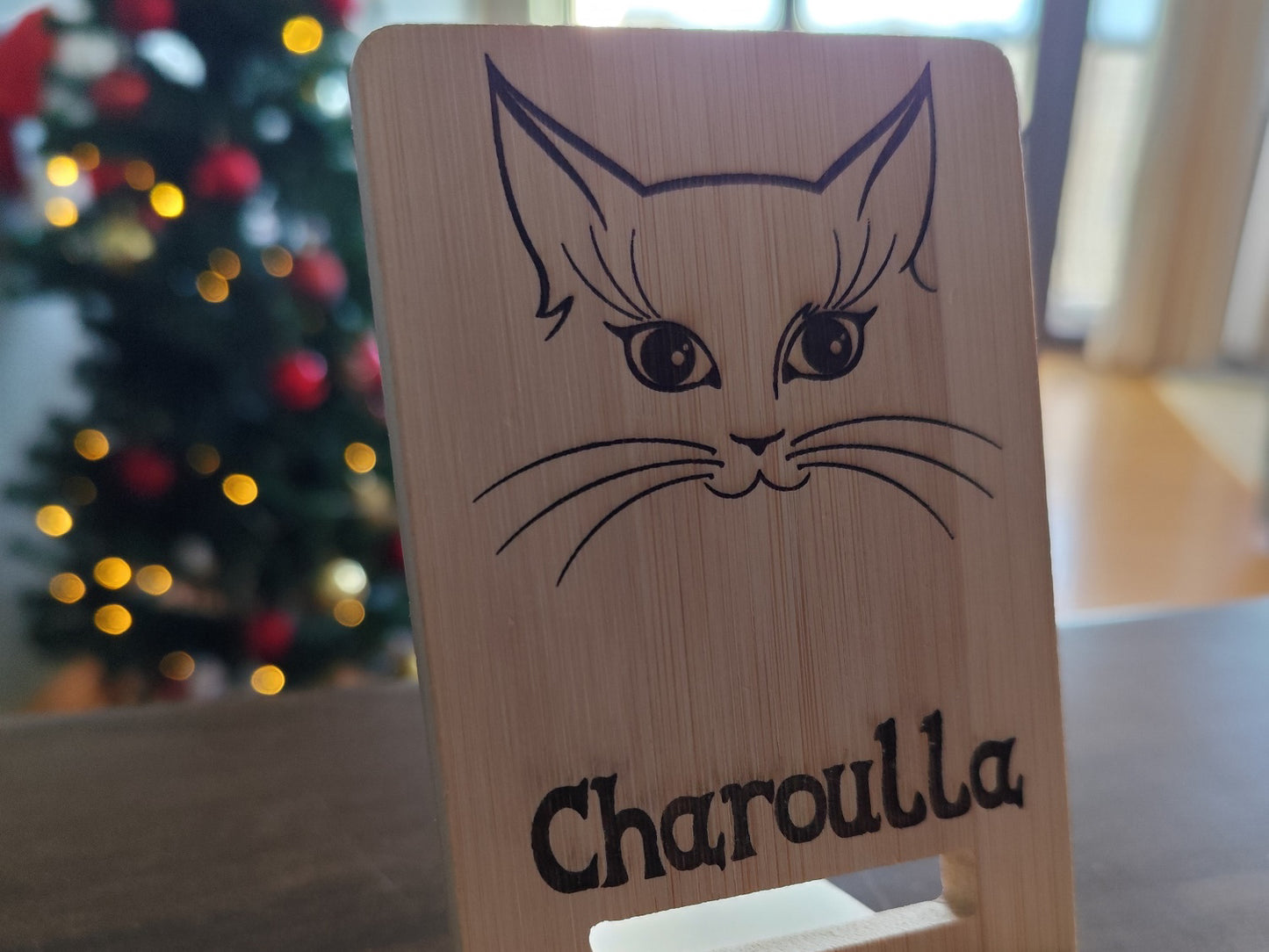 Personalized Phone Holder – Wooden Stand with Wild Wolf Engraving