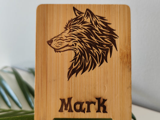 Personalized Phone Holder – Wooden Stand with Wild Wolf Engraving
