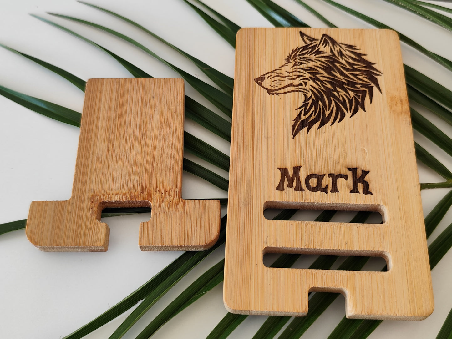 Personalized Phone Holder – Wooden Stand with Wild Wolf Engraving